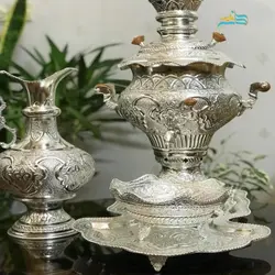 سرویس سماور برقی و زغالی برنجی پنج لیتری آبکاری نقره
