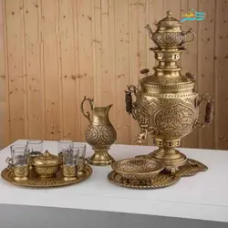 سرویس سماور برنجی 6 لیتری قلمزنی قلم گل و مرغ روکش نانو