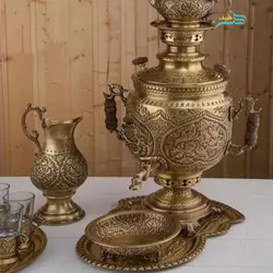 سرویس سماور برنجی 6 لیتری قلمزنی قلم گل و مرغ روکش نانو