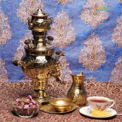 سرویس سماور زغالی برنجی 1 لیتری طرح هخامنشی ورق ضخیم