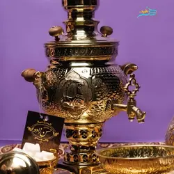 سرویس سماور زغالی برنجی 1 لیتری طرح هخامنشی ورق ضخیم