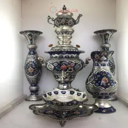 سرویس سماور 5 لیتری برنجی نقاشی روکش نقره رنگ ثابت