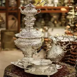 سرویس کامل سماور برنجی روکش کوره ای نقره تزئینی ورق ضخیم