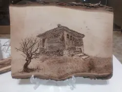 تابلو سوخت نگاری خانه قدیمی روستایی روی چوب
