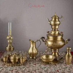 سماور برنجی 6 لیتری 5 تکه مدل آینه عدسی به همراه سرویس چایخوری