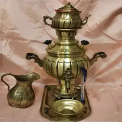 سرویس سماور برنجی زغالی 1 لیتری خط دار 5 تکه