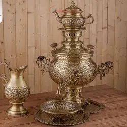 سماور زغالی برنجی قلمزنی 6 لیتری قلم گل و مرغ روکش نانو