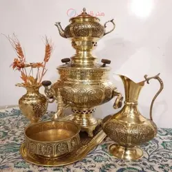 سماور برنجی زغالی 6 لیتری قلمزنی ترکیبی گل و مرغ و اسلیمی