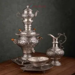 سرویس سماور برنجی 3.5 لیتری روکش نقره قلمزنی ریزه با روکش کوره ای