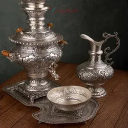 سرویس سماور برنجی 3.5 لیتری روکش نقره قلمزنی ریزه با روکش کوره ای