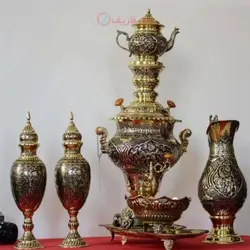 سرویس کامل سماور قلمزنی برنجی 5 لیتری طرح گل و مرغ اثر استاد هرندی