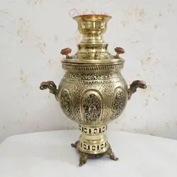 سرویس سماور برنجی 6 لیتری ذغالی مدل توپی طرح گل و مرغ با پا سماوری