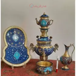 سرویس سماور 3 لیتری برنجی نقاشی دست مدل عدسی دسته توری