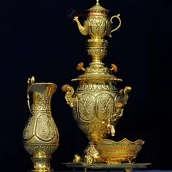 سماور برنجی قلمزنی تزئینی 4 لیتری طرح اسلیمی اثر استاد رحمتی با روکش کوره ای