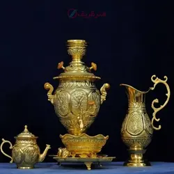 سماور برنجی قلمزنی تزئینی 4 لیتری طرح اسلیمی اثر استاد رحمتی با روکش کوره ای