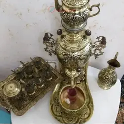 سرویس سماور برنجی قلمزنی زغالی 5 لیتری مدل آناناسی دسته توری با ست چایخوری