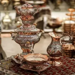سرویس سماور مسی 3 لیتری قلمزنی ریزه با آبکاری مس و نقره رنگ ثابت