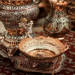 سرویس سماور مسی 3 لیتری قلمزنی ریزه با آبکاری مس و نقره رنگ ثابت