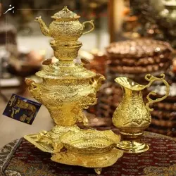 سرویس سماور برنجی قلمزنی 3 لیتری آبکاری شبه طلا و رنگ ثابت کوره ای