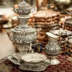 سرویس سماور برنجی 3 لیتری آبکاری شبه نقره قلم دست اعلاء رنگ ثابت