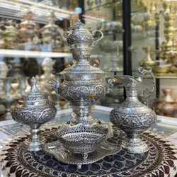 سرویس سماور برنجی 3.5 لیتری قلمزنی گل و مرغ آبکاری نقره و سیاه قلم