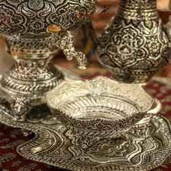 سرویس سماور قلمزنی برنجی 6 لیتری آبکاری نقره و سیاه قلم با روکش کوره ای