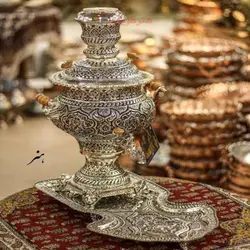سرویس سماور قلمزنی برنجی 6 لیتری آبکاری نقره و سیاه قلم با روکش کوره ای
