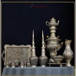 سرویس سماور برنجی 5 لیتری روکش نقره طرح اسلیمی اثر استاد هرندی