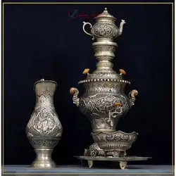 سرویس سماور برنجی 5 لیتری روکش نقره طرح اسلیمی اثر استاد هرندی