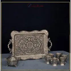 سرویس سماور برنجی 5 لیتری روکش نقره طرح اسلیمی اثر استاد هرندی