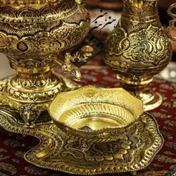 سرویس سماور برنجی قلمزنی 5 لیتری آبکاری شبه طلا با پوشش کوره ای