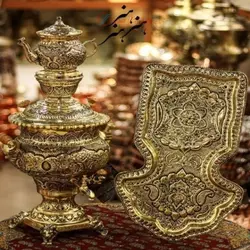 سرویس سماور برنجی قلمزنی 5 لیتری آبکاری شبه طلا با پوشش کوره ای