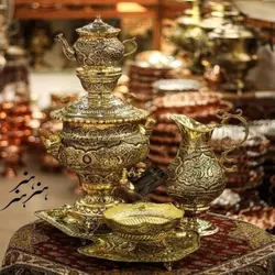 سرویس سماور برنجی قلمزنی 5 لیتری آبکاری شبه طلا با پوشش کوره ای