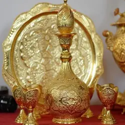 سرویس سماور و شرابخوری برنجی 5 لیتری طرح اسلیمی آبکاری شبه طلا