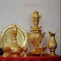 سرویس سماور و شرابخوری برنجی 5 لیتری طرح اسلیمی آبکاری شبه طلا