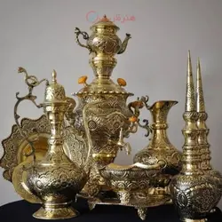 سرویس سماور برنجی 4 لیتری قلمزنی آبکاری شبه طلا روکش کوره ای
