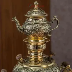 سرویس سماور برنجی 5 لیتری قلمزنی اسلیمی با آبکاری طلایی