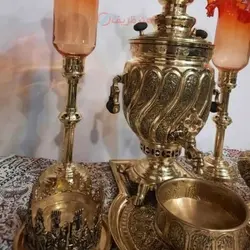 سرویس سماور برنجی قلمزنی زغالی 8 لیتری با آبکاری طلایی مدل ماری