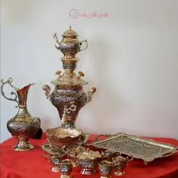 سرویس سماور برنجی تزئینی 4 لیتری و چایخوری قلمزنی اعلاء طرح اسلیمی
