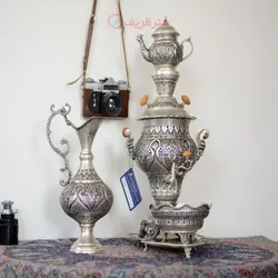 سماور برنجی تزئینی 3 لیتری روکش نقره قلمزنی اعلاء اسلیمی