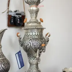 سماور برنجی تزئینی 3 لیتری روکش نقره قلمزنی اعلاء اسلیمی