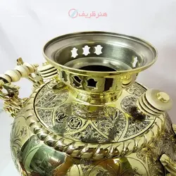 سماور برنجی زغالی مدل ماج خمره ای لوکس ۶ لیتری ریز قلم مینیاتوری سنتی سبک تبریز