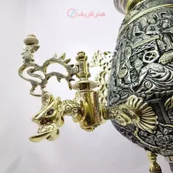 سماور برنجی زغالی ۸ لیتری قلمزنی نقوش ایلیات و عشایر در طبیعت و بازار قاجار قدیم