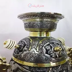 سماور برنجی زغالی ۸ لیتری قلمزنی نقوش ایلیات و عشایر در طبیعت و بازار قاجار قدیم