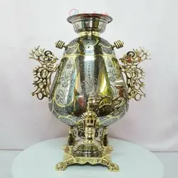 سماور زغالی ۸ لیتری مدل جام سبک رنگ کاری نقره ای و طلایی تلفیقی