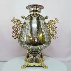 سماور زغالی ۸ لیتری مدل جام سبک رنگ کاری نقره ای و طلایی تلفیقی