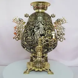 سماور برنجی زغالی ۸ لیتری قلمزنی نیم برجسته، نقوش بزم و شکارگاه، شمسه، و گل مرغ