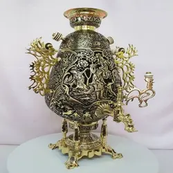 سماور برنجی زغالی ۸ لیتری قلمزنی نیم برجسته، نقوش بزم و شکارگاه، شمسه، و گل مرغ