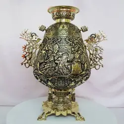 سماور برنجی زغالی ۸ لیتری قلمزنی نیم برجسته، نقوش بزم و شکارگاه، شمسه، و گل مرغ