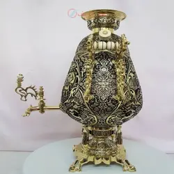 سماور برنجی زغالی ۸ لیتری قلمزنی نیم برجسته، نقوش بزم و شکارگاه، شمسه، و گل مرغ